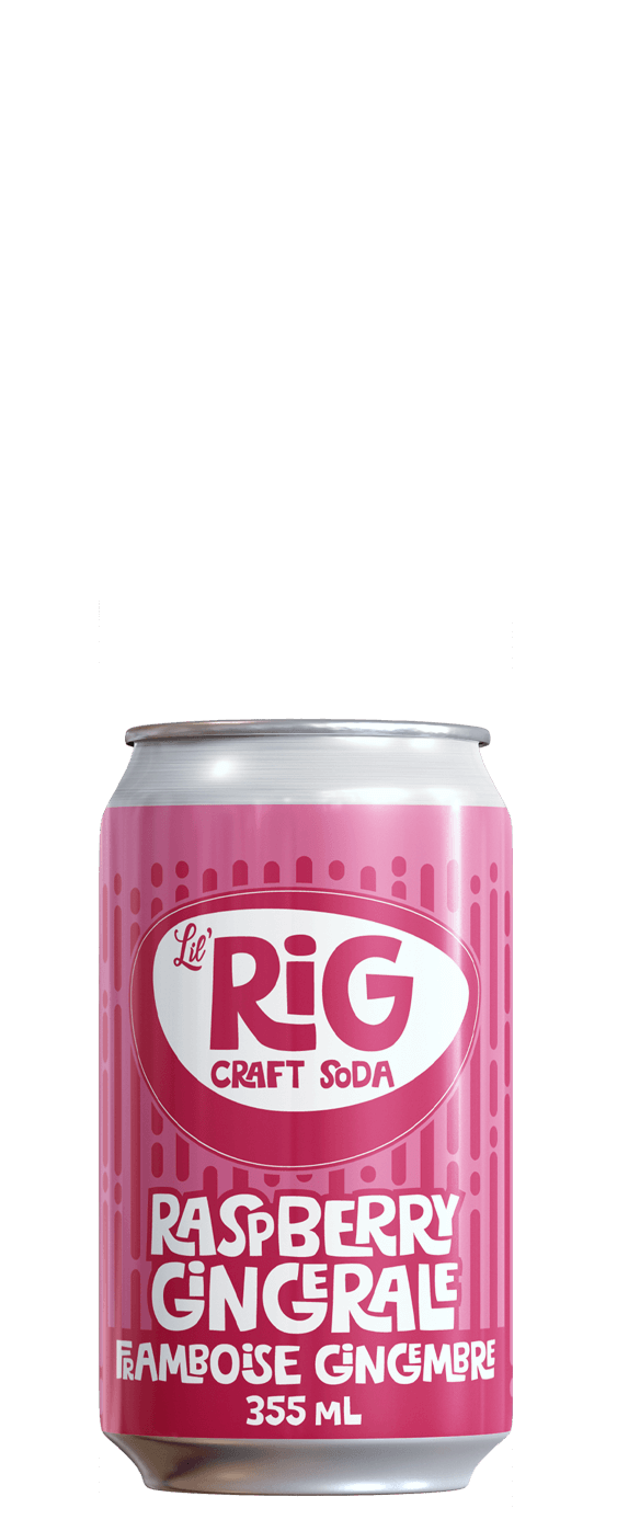 Pink can of Lil' Rig Craft Soda Raspberry Gingerale on a white background