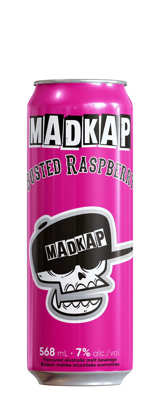 Pink can of Madkap Rusted Raspberry with skull design on a white background