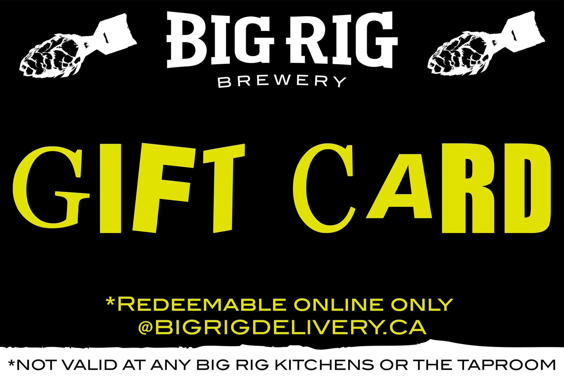 Big Rig Brewery gift card with yellow text on a black background