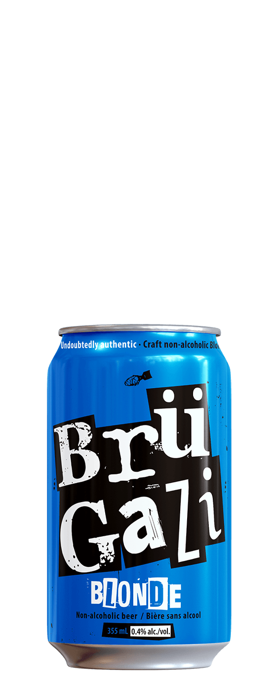 Blue can of BrüGazi Blonde on a white background