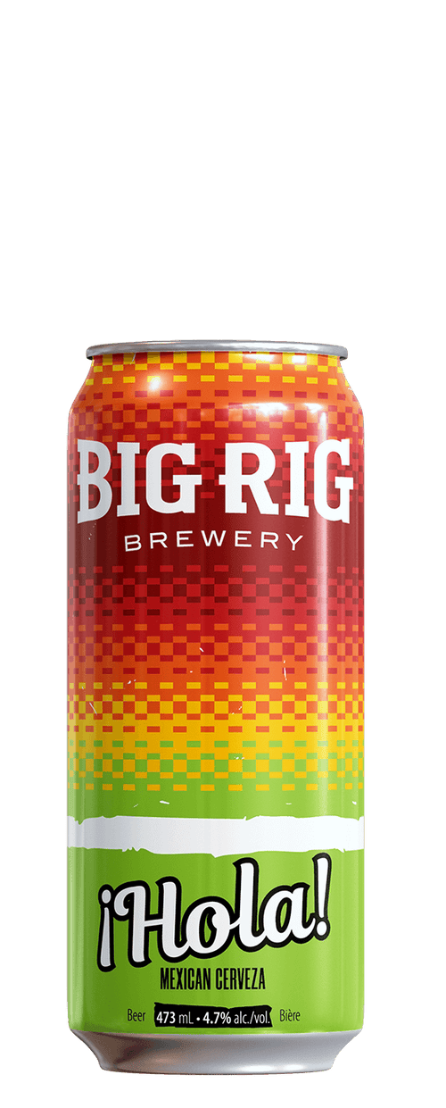 Can of Big Rig Brewery 'Hola!' Mexican Cerveza with a colourful gradient design.