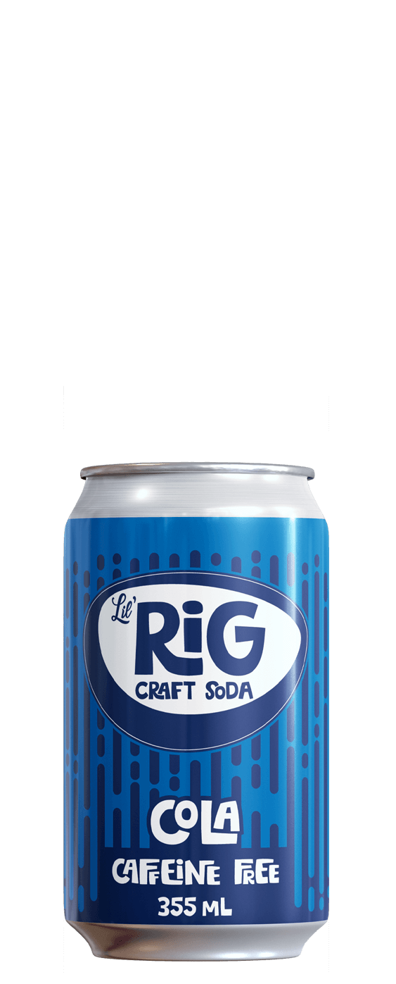 Blue can of Lil' Rig Craft Soda Cola on a white background
