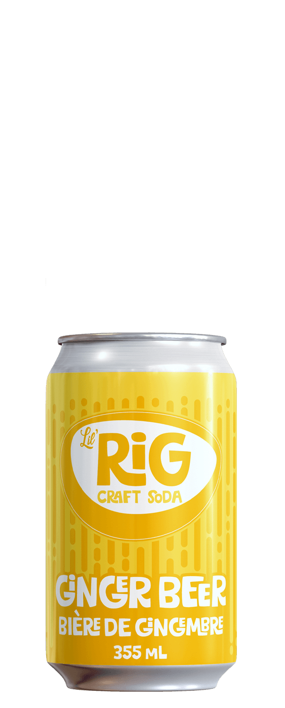 Yellow can of Lil' Rig Ginger Beer on a white background
