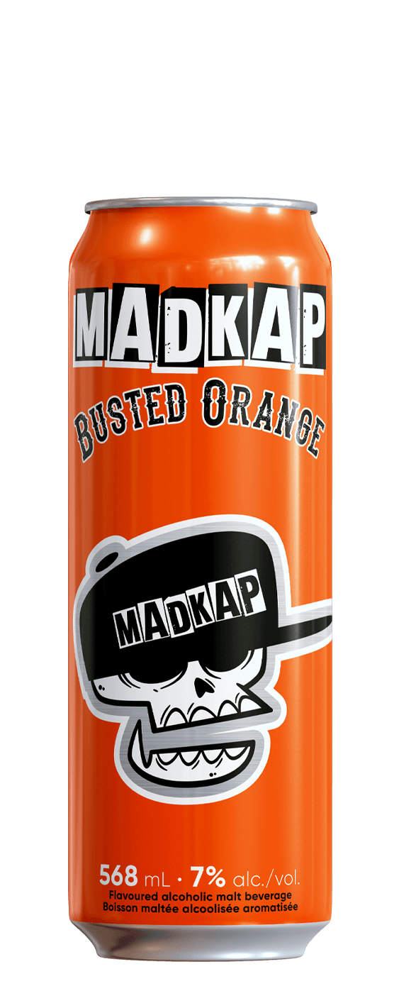 Orange can of Madkap Busted Orange with skull design on a white background